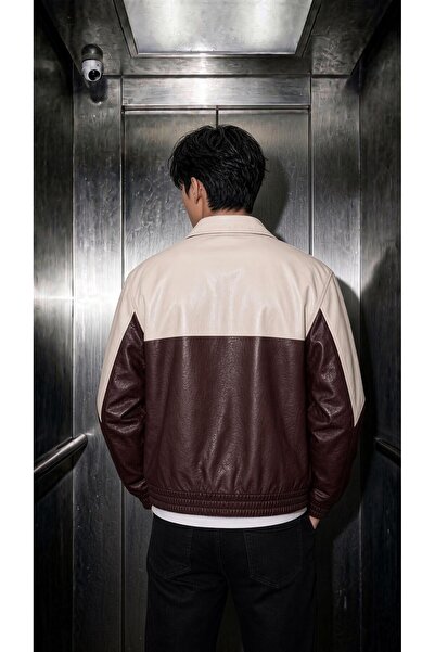 Oksit Club Ltd Nakış Detaylı Vintage Colorblock Gömlek Yaka Deri Bomber Ceket