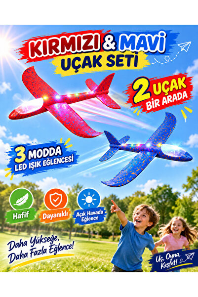 2’li Led Işıklı Köpük Uçak Seti Kırmızı & Mavi – Hafif Dayanıklı Fırlatma Uçağı – Açık Hava Oyuncağı