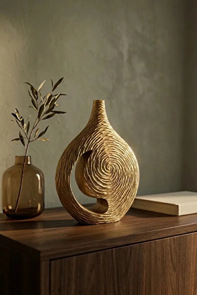 HOMEVSE Gold Dekoratif Vazo Modern Spiral Desenli Salon Konsol Masa Üstü Deko...