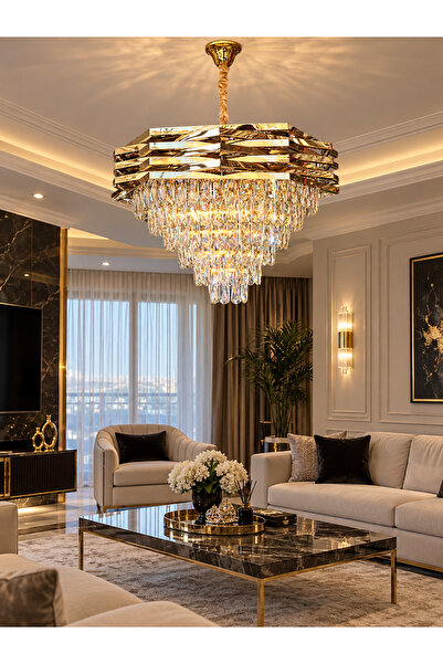 Led YENİ MODEL 60 CM KRİSTAL LÜX SALON AVİZE GOLD RENK İTHAL KASA