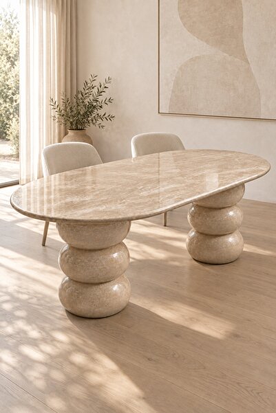 Marmorex Design Traverten Lüks Oval Masa El İşçiliği Oyma Ayaklı 90 x 180 cm