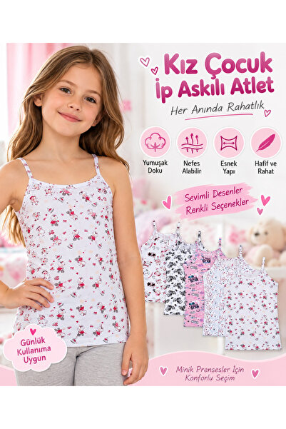 LUMİNA Tutku Elestan Empirme Kız İp Askılı Atlet-Karışık Renk-NO:3/5-6 Yaş