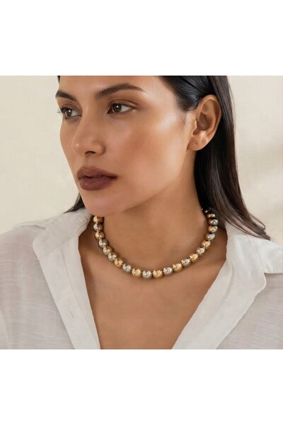 FM 💎   Premium Shiny and Stylish Two Tone Glossy Beads 316L Steel Women's Ne...
