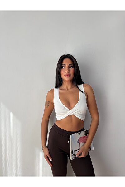 Dut Store Kadın Önü Çarpraz Kendinden Kaplı Crop Büstiyer Beyaz