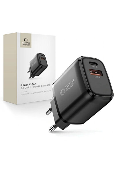 Tech-Protect NCA65W-GAN Φορτιστής με θύρες Type-C και USB-A PD 65W / QC3.0 Μαύρο