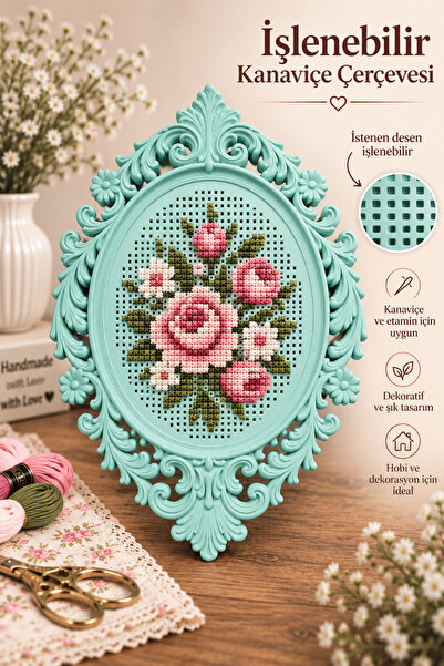 LİVA CRAFT Art & Craft İşlenebilir Kanaviçe Çerçevesi Su Yeşili, Dekoratif Na...