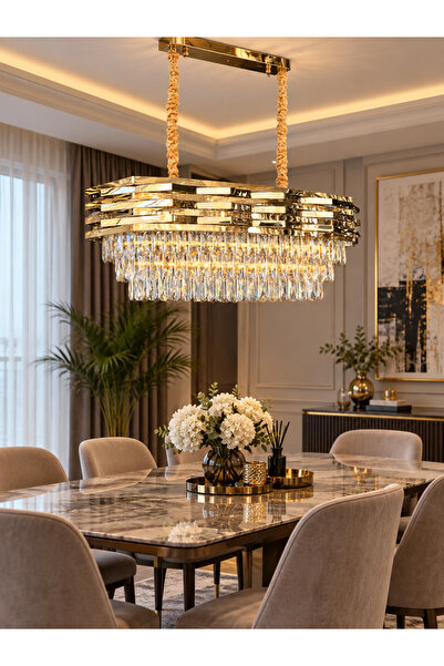Led YENİ MODEL OVAL LÜX SALON AVİZE GOLD RENK İTHAL KASA