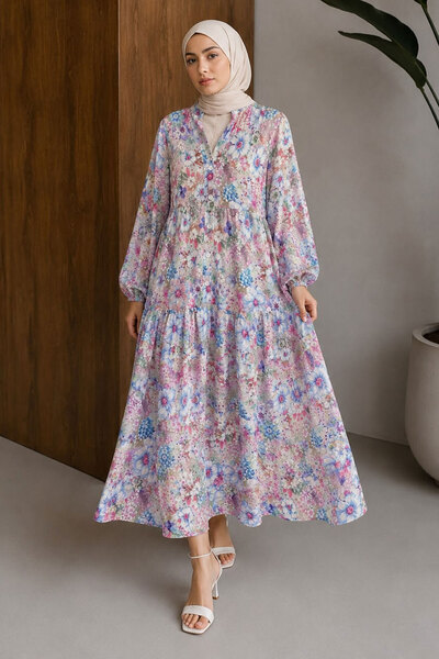 Tesettür Dünyası Kleid mit Blumenmuster und elastischem Bund TSD260270 Blau