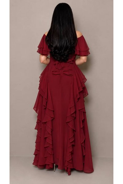 TREN Luxury Burgundy Evening Dress Georgette Chiffon Fabric Ruffle Off Shoulder Gown