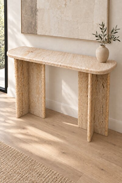 Marmorex Design Doğal Traverten Dikdörtgen Dresuar İkili Taş Ayaklı 30 x 120 cm
