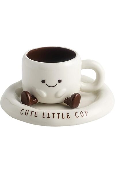 KASTWAVE Ceramic Coffee Mug with Saucer Set, 8.4oz/250ml Cute 3D Smiley Face ...