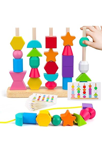 IM FineLife Montessori Wooden 5-Column Beads Sequencing Toy Set, Lacing Beads...