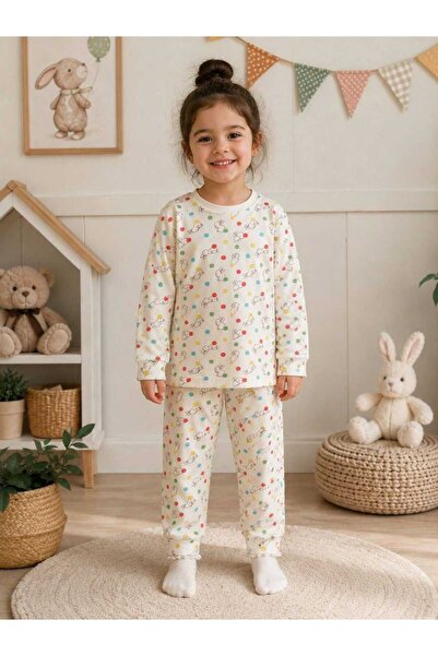 Liliboom Kids Girl's Ecru Rabbit and Colorful Polka Dot Printed Cotton Pajama...