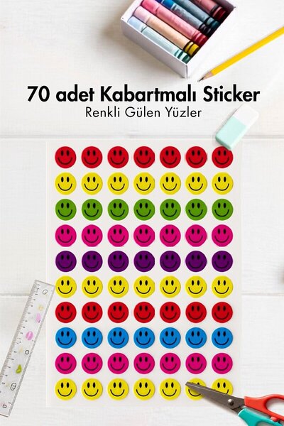 Bimotif 70li Büyük Boy Kabartmalı Sticker Seti - Karışık Renkli Gülen Yüz ve Emojiler