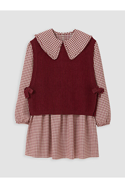 LC Waikiki Lcw Kids Burgundy Plaid Girls' Dress and Sweater with Nevavm Diffe...
