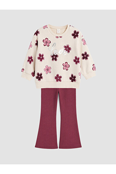 LC Waikiki Two Mt Shop Quality Lcw Kids Burgundy Oval Collar Printed Girls' Set
