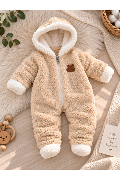 Movamirbaby Çocuk Welsoft Peluş Kapüşonlu Fermuarlı Bebek Tulumu Kışlık Patikli