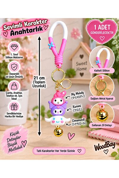 WoodBay Sevimli Karakter Figürlü Silikon Anahtarlık 21 cm Kuromi My Melody He...