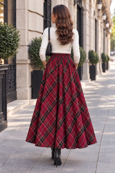 SELDAĞ MODA Italian Plaid Chanel Fabric 90 cm Fully Flared Skirt with Elastic Waist and Hidden Pockets