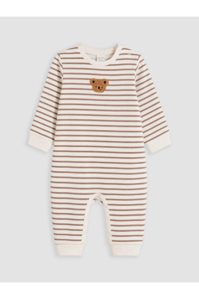 LC Waikiki Beige Crew Neck Striped Baby Boy Jumpsuit
