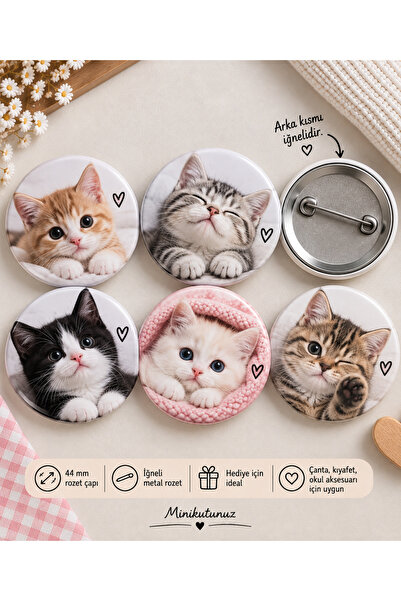 Tasarım Minikutunuz 5’li Sevimli Kedi Rozet Seti 44 mm – Kedi Desenli İğneli ...
