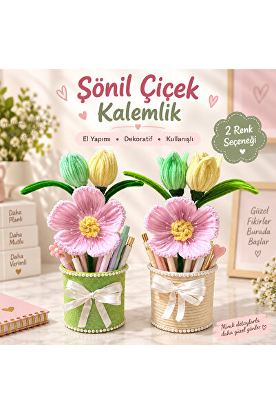 designelfida El Yapımı Şönil Çiçek Kalemlik – Dekoratif Masaüstü Organizer – ...