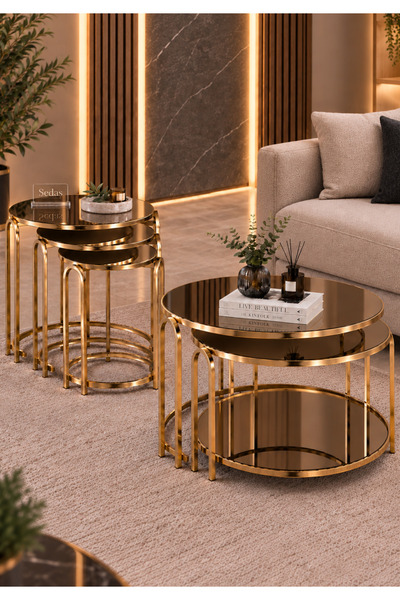 SEDAŞ LIVING UNITS Lenka Yavrulu Raflı Set Bronz Ayna Gold Metal Orta Sehpa V...