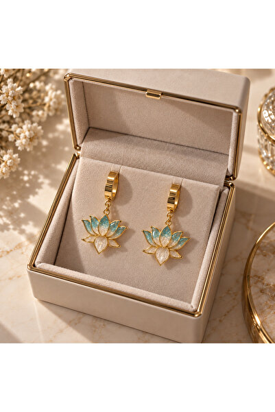 Caelvra Accessories Kadın Çelik Lotus Çiçeği Küpe Gold Renk Renkli Sallantılı...