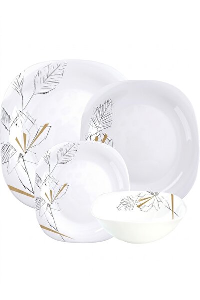 HERA Set Farfurii Arcopal Atlas 19 Piese, Design Frunze Alb-Auriu, Forma Patrata
