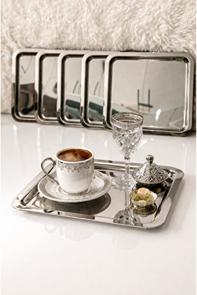 FOBHOME 6'lı Paslanmaz Çelik 21x21cm Kare Çay, Kahve, Pasta Servis Tepsisi Dekoratif Sunum Tepsisi
