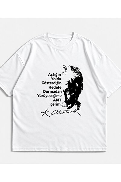 MEN'S WEAR Premium Unisex 10 KASIM ATATÜRK Baskılı %100 Pamuklu Bisiklet Yaka Kısa Kollu Siyah-Beyaz T-Shirt