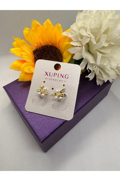 XUPING JEWELRY 14K RENGİ ÇİÇEK VE İNCİ KOMBİN ÇELİK KÜPE