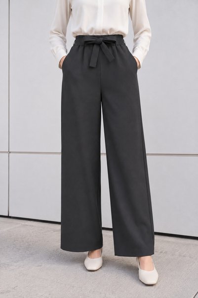 bellura Duble Kumaş Beli Kuşaklı Geniş Regular İnce Dokuma Tesettür Paça Pant...