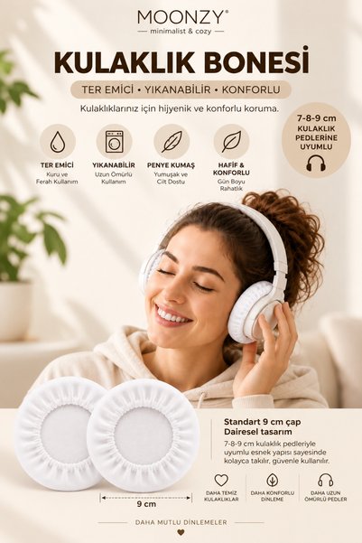 white guard 7-8-9 cm Uyumlu Penye Kulaklık Bonesi , Yıkanabilir , Ter Emici Penye Kumaş Kulaklık Ped Kılıfı ,Penye Galoş , Beyaz