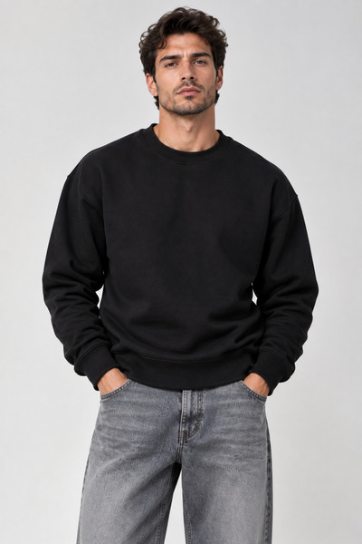 Lizbon Style Relax Fit Rahat Kesim Pamuklu İçi Polarlı Sweatshirt - Siyah