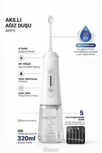 MCA Deerhome Şarjlı Ağız Duşu Diş Bakım Cihazı 4 Modlu Diş Arası Temizleyici 320ml 5 Başlıklı 1500 Mah Kablosuz