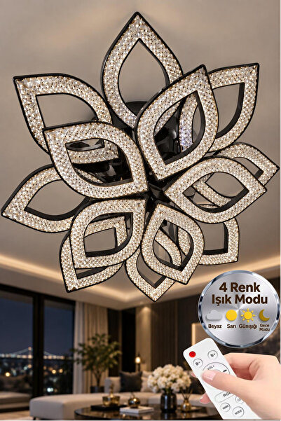 Elora Home Yaprak Model Kumandalı Siyah 13"lü Ledli 3 Renk Modu Kristal Salon...