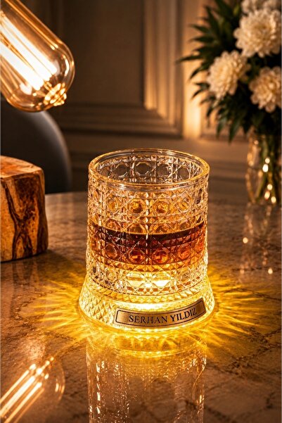 TRENDSHOPİC İsim Yazılı Led Işıklı Dönen Tabanlı Kristal Kesim Bardak - Kişiy...