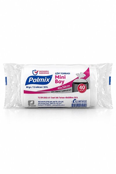 Polmix Mini Boy Çöp Torbası 40x50 cm 20 Litre 12 Mikron 40 Adet – Dayanıklı Sızdırmaz Beyaz Çöp Poşeti
