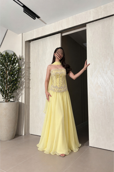 BAKLAFASHO Pastel Yellow Evening Gown with Embroidered Corset and Shawl