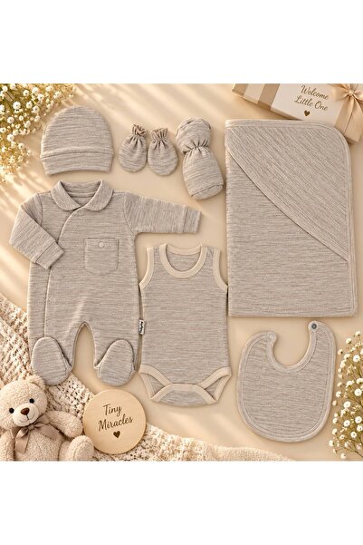 Baby day طقم مواليد متكامل 7 قطع بنسيج ميلانج ناعم بياقة كلاسيكية وتصميم لف -...