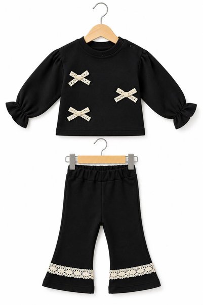 İŞLERKİDS Baby Girl 2-Piece Set Red Ruffle Sleeve Bow Sweatshirt Lace Detailed Trousers