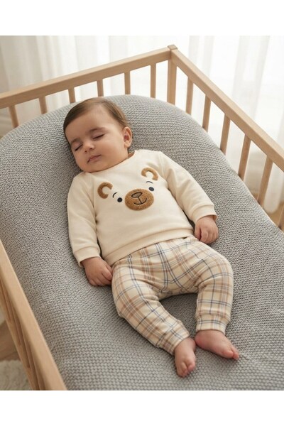 Ege Bebek Baby Boy Cute Set with Teddy Bear Embroidery and Plaid Pants for 3-...