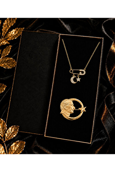 PULİNİN DÜKKANI Gold Renk Ay Yıldız Sallantılı Çengelli İğne Kolye ve Atatürk...