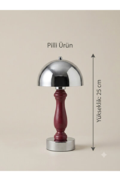 poplinhome Ahşap Gövdeli Krom Metal Başlıklı Kablosuz Pilli Mantar Masa Lamba...