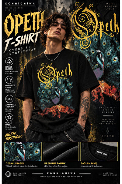 FG KONNİCHİWA Opeth Music Band Regular T-Shirt - Peacock Printed Black Unisex...