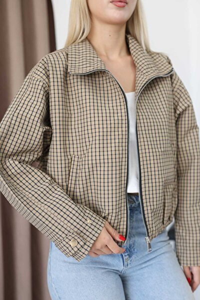 Moda Palmiss Ekose Desenli Fermuarlı Dik Yaka Uzun Kollu Oversize Bomber Ceket