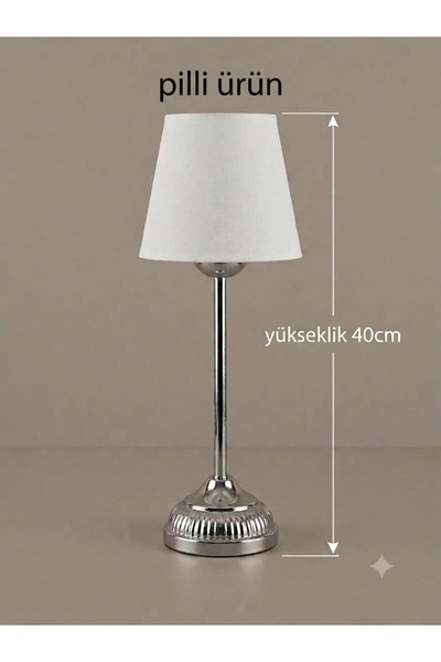 poplinhome Krom Metal Gövdeli Kırık Beyaz Kumaş Şapkalı Pilli Masa Lambası 40...