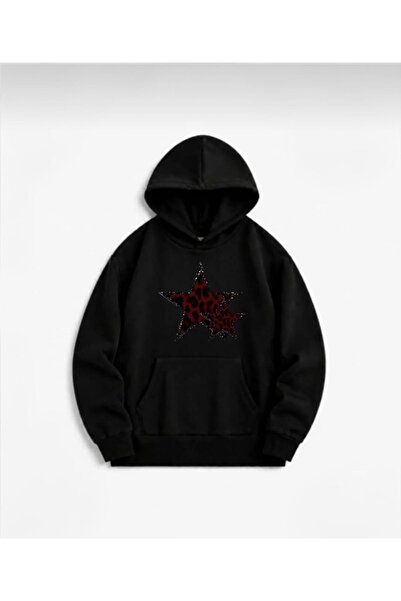 Bordo Leopar Yıldız Baskılı Siyah Sweatshirt