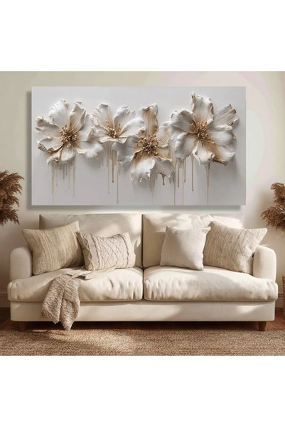 HOME MODE Elegant White and Gold Floral Canvas, 3D Look Flower Wall Art, Mode...